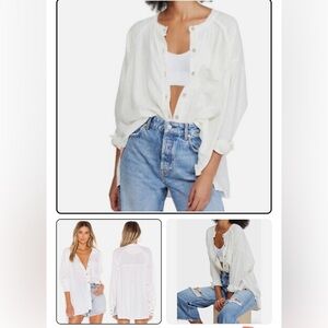 We The Free People linen blend off white long sleeve relaxed button up shirt
